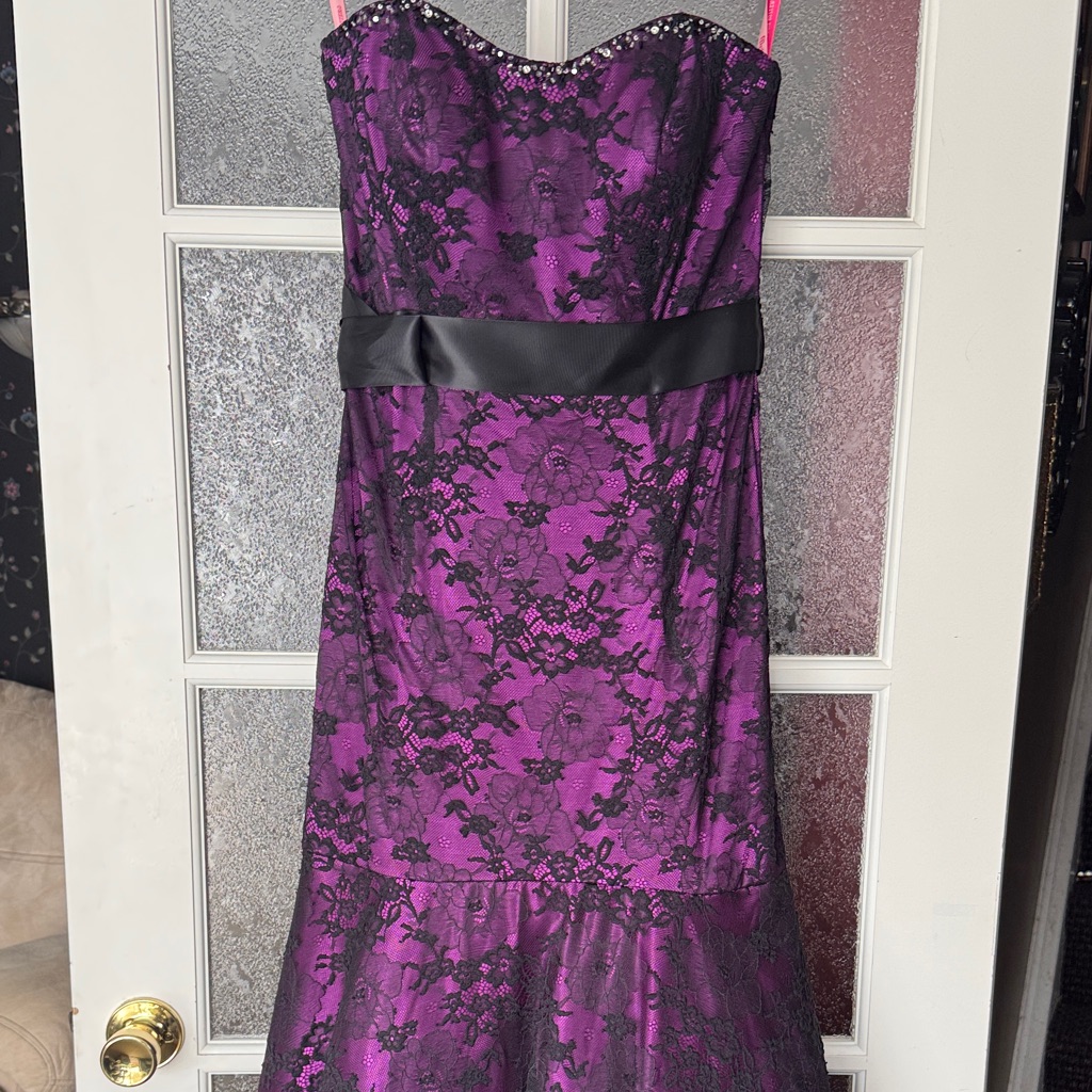 Flirt Maggie Sottero Purple And Black Lace Strapless Dress With Beaded Top